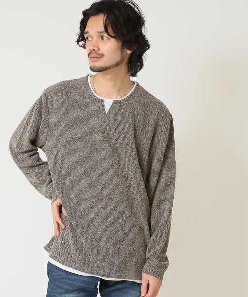 ARCADE(アーケード)の「重ね着風キーネックパイル杢 フェイクレイヤード 長袖 Tシャツ NATURE GROBE(Tシャツ/カットソー・メンズ・ネイビー/ベージュ/カーキ/グレー・M/LL/L)」の1枚目の写真