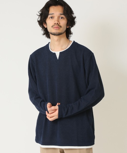 重ね着風キーネックパイル杢 フェイクレイヤード 長袖 Tシャツ NATURE