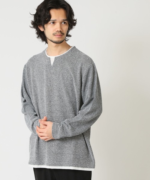 重ね着風キーネックパイル杢 フェイクレイヤード 長袖 Tシャツ NATURE