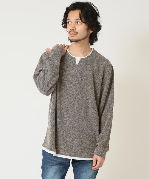 ARCADE(アーケード)の「重ね着風キーネックパイル杢 フェイクレイヤード 長袖 Tシャツ NATURE GROBE(Tシャツ/カットソー・メンズ・ネイビー/ベージュ/カーキ/グレー・M/LL/L)」の7枚目の写真