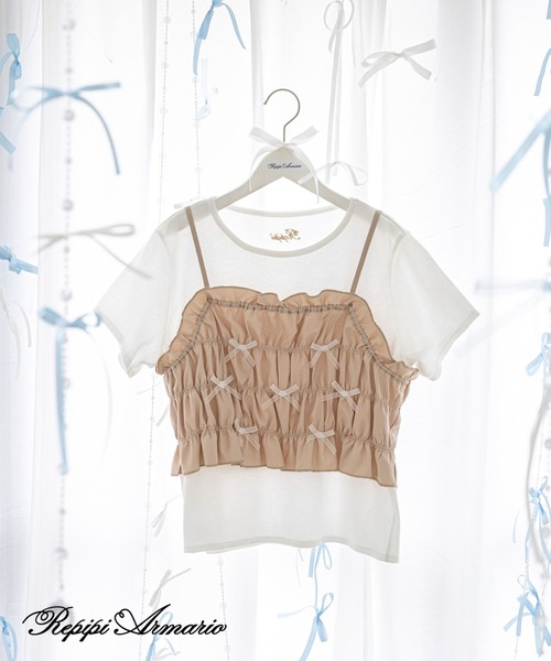 セール】【girly line】リボンシャーリングキャミ×Tシャツ