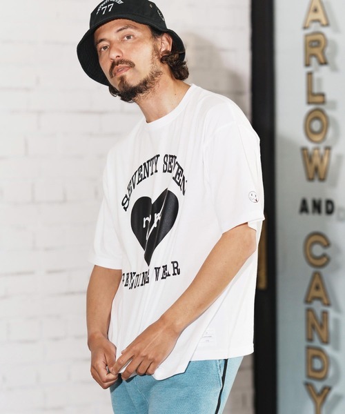 seventy seven(セブンティセブン)の「mt9665-middle onz over size S-S t-shirts(heartGW) Tシャツ(Tシャツ/カットソー・メンズ・ホワイト/スモークピンク/ブラック/グレイッシュブルー・S/M/L/XL)」の6枚目の写真