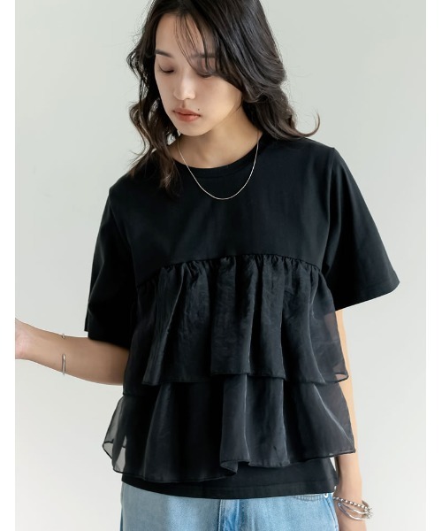 Re:EDIT(リエディ)の「オーガンジードッキング半袖Tシャツ(Tシャツ/カットソー・レディース・ホワイト/ブラック・MEDIUM/LARGE)」の1枚目の写真