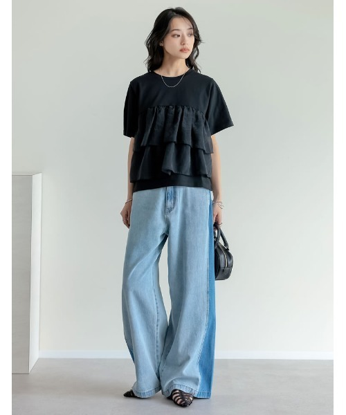 Re:EDIT(リエディ)の「オーガンジードッキング半袖Tシャツ(Tシャツ/カットソー・レディース・ホワイト/ブラック・MEDIUM/LARGE)」の4枚目の写真