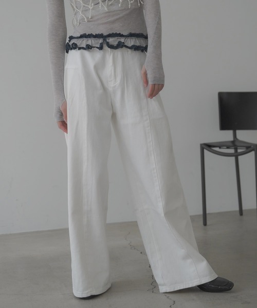 セール】Side panel switching Wide white denim pants / サイド