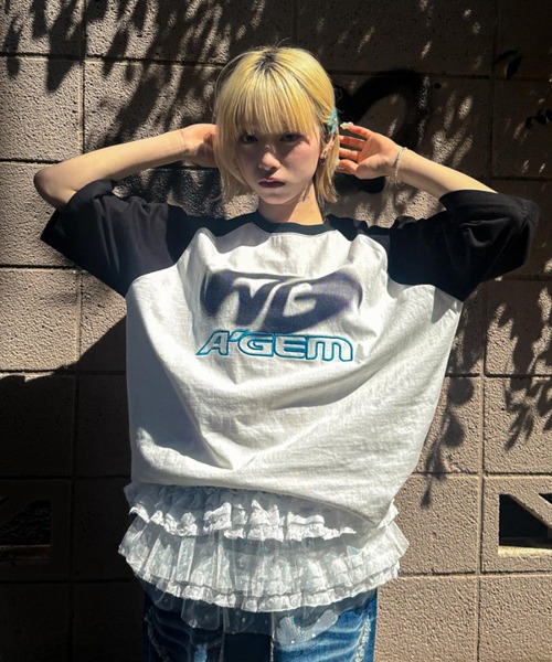 A'gem(エージェム)の「A'GEM/9 × .kom 『A'gem/エージェム』 ラグラン半袖Tシャツ(Tシャツ/カットソー・メンズ・ブラック/ホワイト/ライトグレー・FREE)」の2枚目の写真