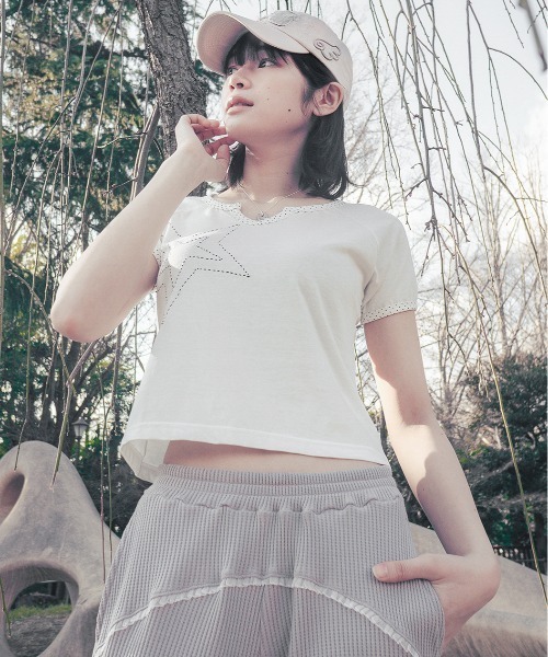 Tシャツ・カットソー hug your skin star stitch top white 25SSTOP03WH セール】HUG YOUR SKIN/ハグユアスキン/Star stitched top（T