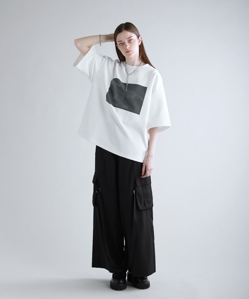 tシャツ コットンポンチ カットソー レディース セール】コットンポンチタック5分袖ドレーププリントカットソー
