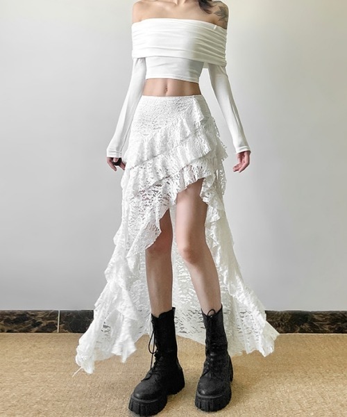 gossip!ロサンゼルス(ゴシップロサンゼルス)の「【Y2Kガーリー】ヴィンテージレース*アシンメトリースカート(スカート・レディース・ホワイト/ブラック・FREE)」の16枚目の写真