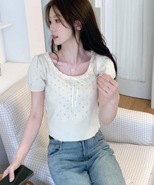WESTSEA(ウエストシー)の「フリルレース リボン 透かし編 パフスリーブ 半袖 サマーニット(ニット/セーター・レディース・ホワイト/ブラック・FREE)」の4枚目の写真