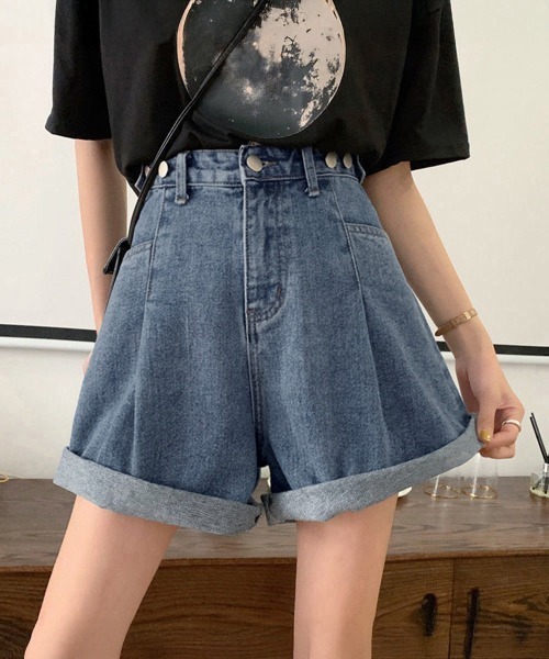 セール】ウエスト調節可能デニムショートパンツ美脚（デニム