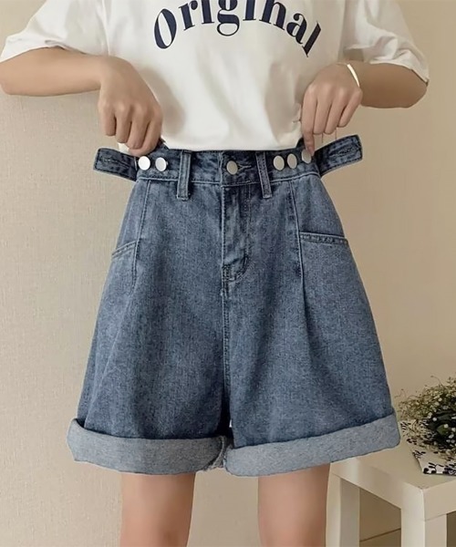 Miniministore(ミニミニストア)の「ウエスト調節可能デニムショートパンツ美脚(デニムパンツ・レディース・インディゴブルー/ブラック・L/M/S)」の18枚目の写真