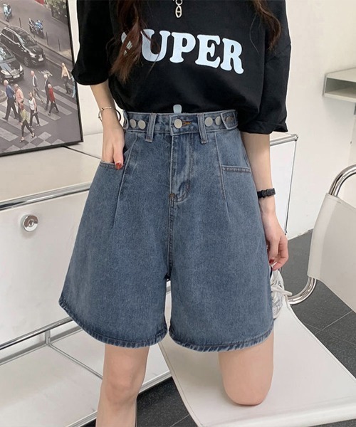 Miniministore(ミニミニストア)の「ウエスト調節可能デニムショートパンツ美脚(デニムパンツ・レディース・インディゴブルー/ブラック・L/M/S)」の17枚目の写真
