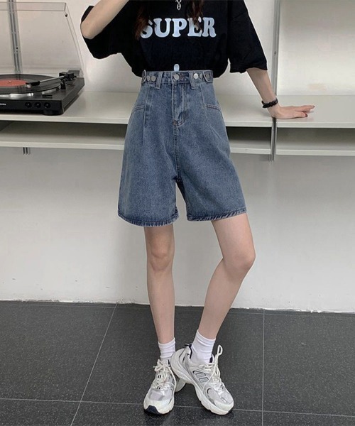 Miniministore(ミニミニストア)の「ウエスト調節可能デニムショートパンツ美脚(デニムパンツ・レディース・インディゴブルー/ブラック・L/M/S)」の16枚目の写真