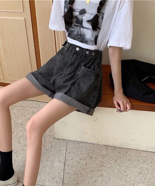 Miniministore(ミニミニストア)の「ウエスト調節可能デニムショートパンツ美脚(デニムパンツ・レディース・インディゴブルー/ブラック・L/M/S)」の9枚目の写真