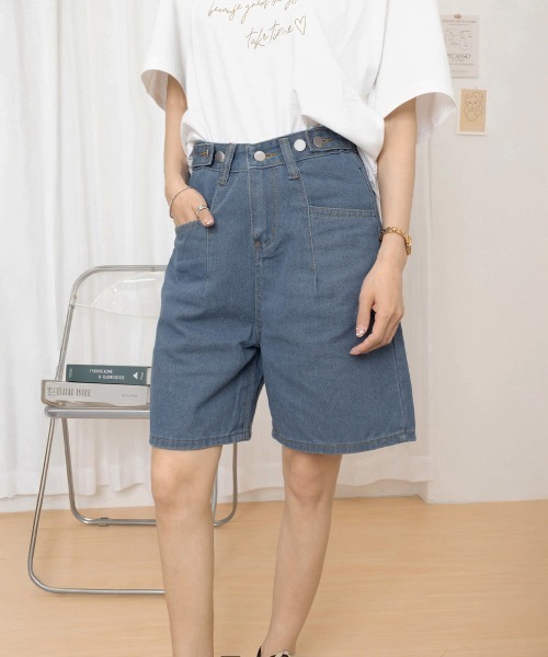 Miniministore(ミニミニストア)の「ウエスト調節可能デニムショートパンツ美脚(デニムパンツ・レディース・インディゴブルー/ブラック・L/M/S)」の8枚目の写真