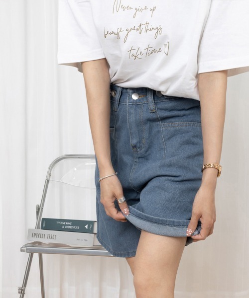 Miniministore(ミニミニストア)の「ウエスト調節可能デニムショートパンツ美脚(デニムパンツ・レディース・インディゴブルー/ブラック・L/M/S)」の7枚目の写真