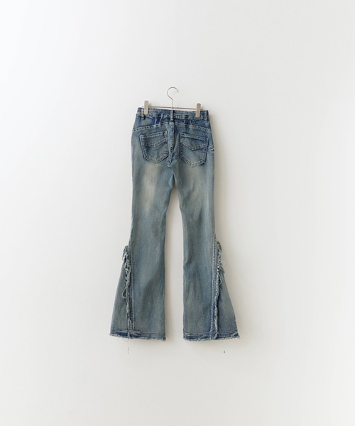 Y2K グランジ スカルパッチ＆クラッシュ加工 フレア デニムパンツ ジーンズ セール】Crushed Flared Denim Pants / クラッシュ加工 フレア