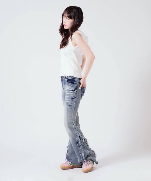 ハード クラッシュ デニム フレア ジーンズ 韓国 ルーズ nr9470 セール】Crushed Flared Denim Pants / クラッシュ加工 フレア