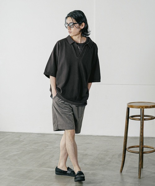 BAYFLOW（ベイフロー）の「[1枚でサマになる]スキッパー半袖ポロシャツ（Tシャツ/カットソー・メンズ・オフホワイト/ブラック/ベージュ・LARGE/MEDIUM）」の10枚目の写真