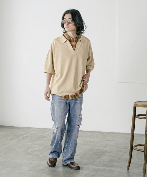 BAYFLOW（ベイフロー）の「[1枚でサマになる]スキッパー半袖ポロシャツ（Tシャツ/カットソー・メンズ・オフホワイト/ブラック/ベージュ・LARGE/MEDIUM）」の15枚目の写真