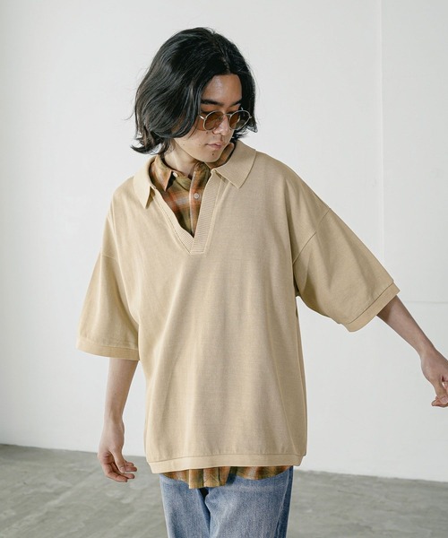 BAYFLOW（ベイフロー）の「[1枚でサマになる]スキッパー半袖ポロシャツ（Tシャツ/カットソー・メンズ・オフホワイト/ブラック/ベージュ・LARGE/MEDIUM）」の16枚目の写真