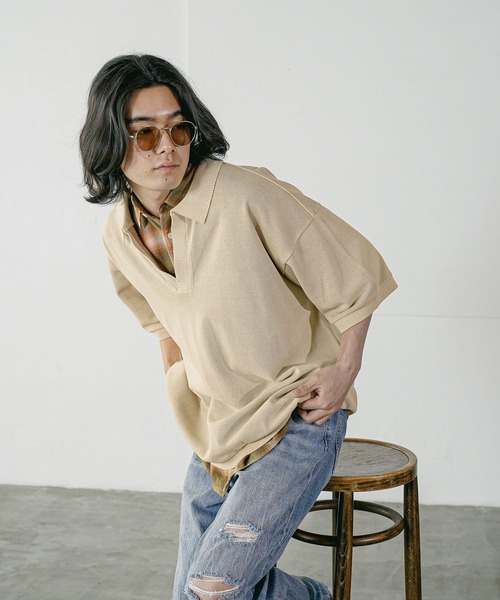 BAYFLOW（ベイフロー）の「[1枚でサマになる]スキッパー半袖ポロシャツ（Tシャツ/カットソー・メンズ・オフホワイト/ブラック/ベージュ・LARGE/MEDIUM）」の17枚目の写真