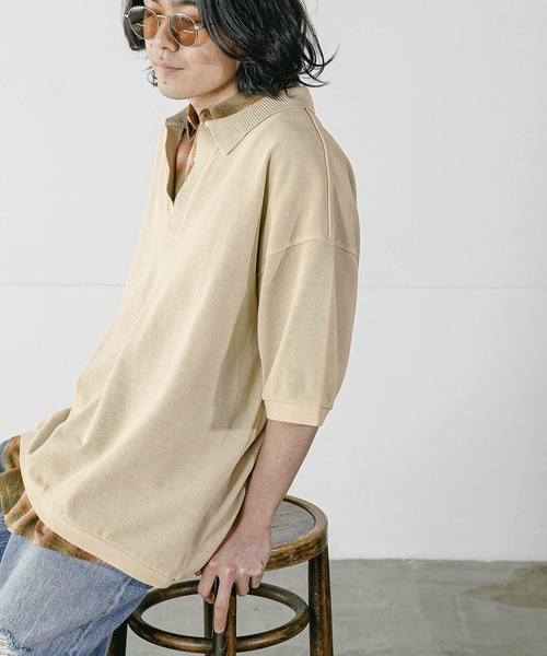 BAYFLOW（ベイフロー）の「[1枚でサマになる]スキッパー半袖ポロシャツ（Tシャツ/カットソー・メンズ・オフホワイト/ブラック/ベージュ・LARGE/MEDIUM）」の18枚目の写真