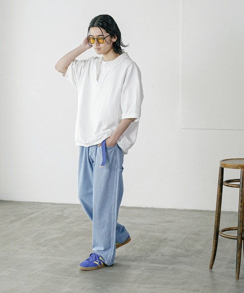 BAYFLOW（ベイフロー）の「[1枚でサマになる]スキッパー半袖ポロシャツ（Tシャツ/カットソー・メンズ・オフホワイト/ブラック/ベージュ・LARGE/MEDIUM）」の4枚目の写真