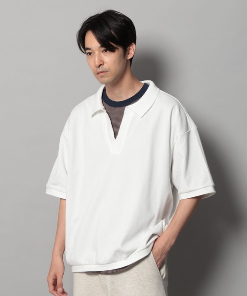 BAYFLOW（ベイフロー）の「[1枚でサマになる]スキッパー半袖ポロシャツ（Tシャツ/カットソー・メンズ・オフホワイト/ブラック/ベージュ・LARGE/MEDIUM）」の7枚目の写真