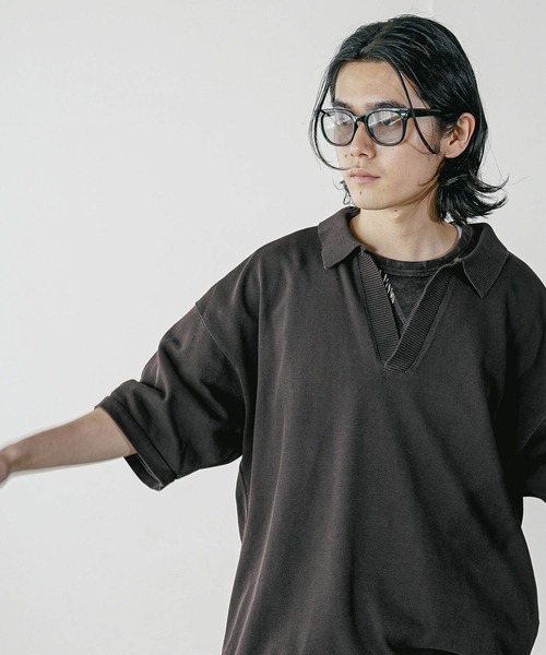 BAYFLOW（ベイフロー）の「[1枚でサマになる]スキッパー半袖ポロシャツ（Tシャツ/カットソー・メンズ・オフホワイト/ブラック/ベージュ・LARGE/MEDIUM）」の11枚目の写真
