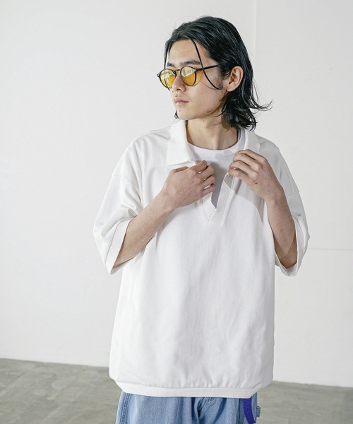 BAYFLOW（ベイフロー）の「[1枚でサマになる]スキッパー半袖ポロシャツ（Tシャツ/カットソー・メンズ・オフホワイト/ブラック/ベージュ・LARGE/MEDIUM）」の5枚目の写真