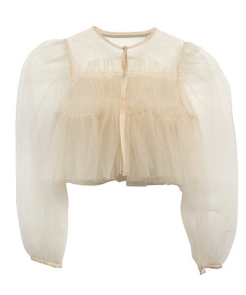 HONEY MI HONEY(ハニーミーハニー)の「tulle puff sleeve cardigan(カーディガン/ボレロ・レディース・ベージュ/ピンク/ブラック・FREE)」の1枚目の写真