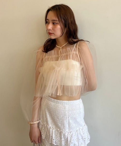 HONEY MI HONEY(ハニーミーハニー)の「tulle puff sleeve cardigan(カーディガン/ボレロ・レディース・ベージュ/ピンク/ブラック・FREE)」の16枚目の写真