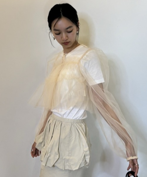 HONEY MI HONEY(ハニーミーハニー)の「tulle puff sleeve cardigan(カーディガン/ボレロ・レディース・ベージュ/ピンク/ブラック・FREE)」の15枚目の写真