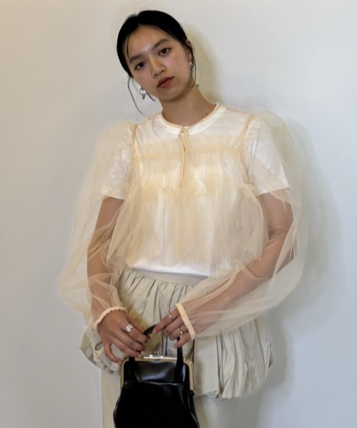 HONEY MI HONEY(ハニーミーハニー)の「tulle puff sleeve cardigan(カーディガン/ボレロ・レディース・ベージュ/ピンク/ブラック・FREE)」の13枚目の写真