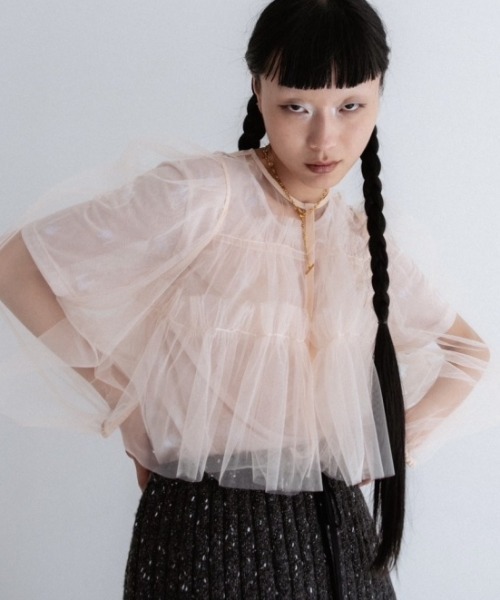 HONEY MI HONEY(ハニーミーハニー)の「tulle puff sleeve cardigan(カーディガン/ボレロ・レディース・ベージュ/ピンク/ブラック・FREE)」の7枚目の写真