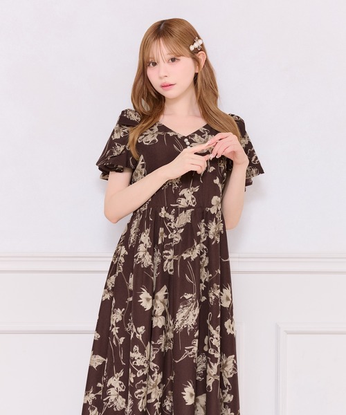 新品♡apolina ワンピース KAY DRESS 50'S FLORAL ♡ Sandra Floral-print long dress ショルダーリボンプリント