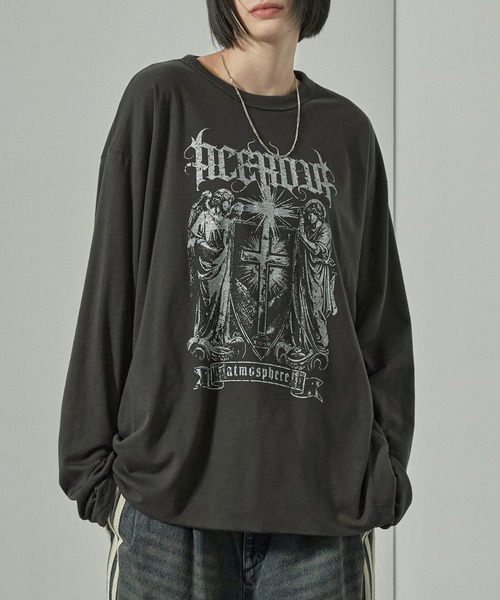 Alfred Alex(アルフレッドアレックス)の「【Alfred Alex】2WAYリバーシブル ヴィンテージライク ビッグプリント/ボーダーロンT(Tシャツ/カットソー・メンズ・スミクロ/ブラック系/ブラック系1/ワイン・L/M)」の2枚目の写真