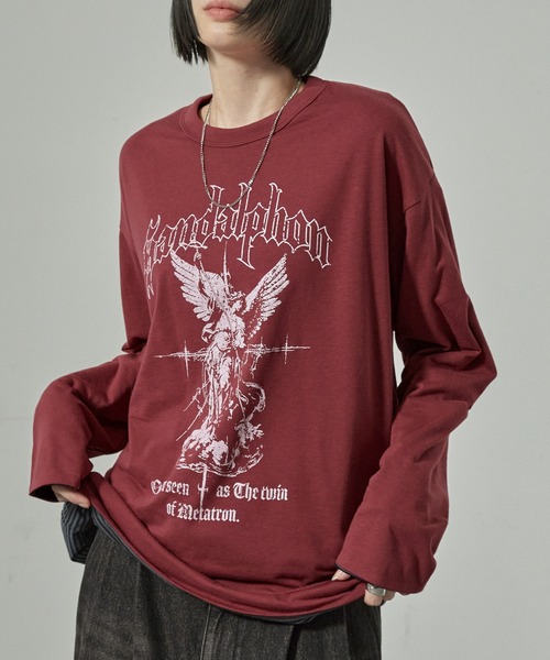 Alfred Alex(アルフレッドアレックス)の「【Alfred Alex】2WAYリバーシブル ヴィンテージライク ビッグプリント/ボーダーロンT(Tシャツ/カットソー・メンズ・スミクロ/ブラック系/ブラック系1/ワイン・L/M)」の4枚目の写真