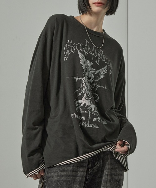 Alfred Alex(アルフレッドアレックス)の「【Alfred Alex】2WAYリバーシブル ヴィンテージライク ビッグプリント/ボーダーロンT(Tシャツ/カットソー・メンズ・スミクロ/ブラック系/ブラック系1/ワイン・L/M)」の5枚目の写真