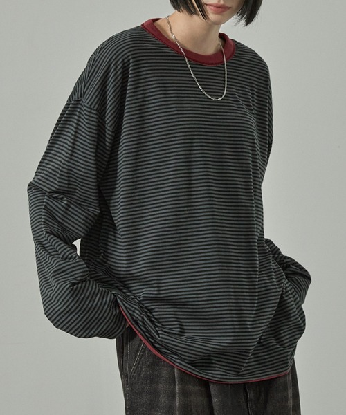 Alfred Alex(アルフレッドアレックス)の「【Alfred Alex】2WAYリバーシブル ヴィンテージライク ビッグプリント/ボーダーロンT(Tシャツ/カットソー・メンズ・スミクロ/ブラック系/ブラック系1/ワイン・L/M)」の18枚目の写真