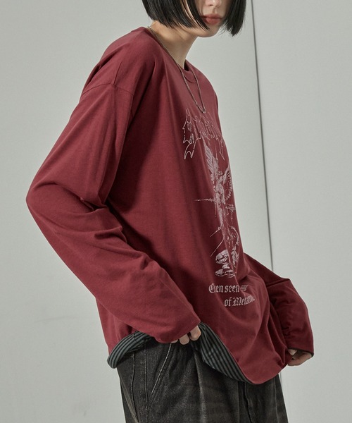 Alfred Alex(アルフレッドアレックス)の「【Alfred Alex】2WAYリバーシブル ヴィンテージライク ビッグプリント/ボーダーロンT(Tシャツ/カットソー・メンズ・スミクロ/ブラック系/ブラック系1/ワイン・L/M)」の10枚目の写真