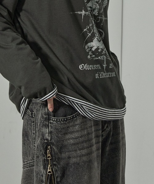 Alfred Alex(アルフレッドアレックス)の「【Alfred Alex】2WAYリバーシブル ヴィンテージライク ビッグプリント/ボーダーロンT(Tシャツ/カットソー・メンズ・スミクロ/ブラック系/ブラック系1/ワイン・L/M)」の13枚目の写真