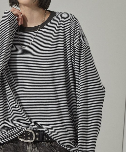 Alfred Alex(アルフレッドアレックス)の「【Alfred Alex】2WAYリバーシブル ヴィンテージライク ビッグプリント/ボーダーロンT(Tシャツ/カットソー・メンズ・スミクロ/ブラック系/ブラック系1/ワイン・L/M)」の14枚目の写真