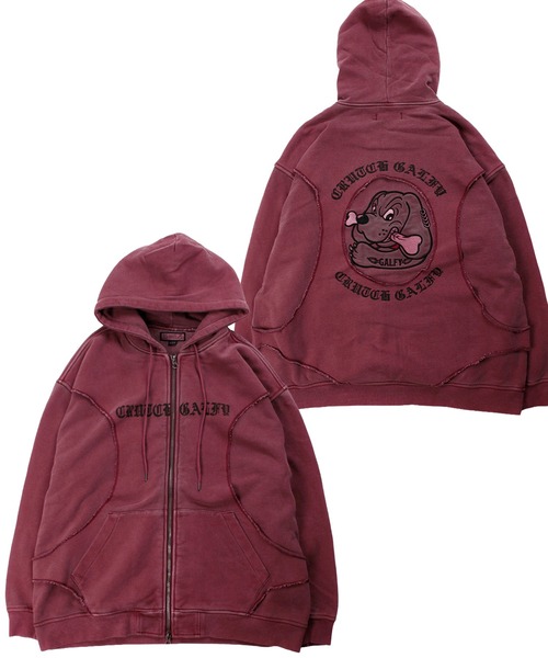 ド派手 ガルフィー ベロア オーバオール つなぎ 刺繍ロゴ 赤 刺繍ロゴ セール】【GALFY/ガルフィー】穴の向こうにわんちゃんパーカー
