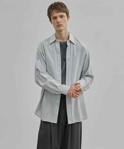 SILK CUPRA STRIPE — лонгслив‑рубашка из шелка купра в полоску (изготовлено в Shiga)