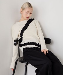 【forksy.】フリルデザインメローリブ長袖トップスアイボリー