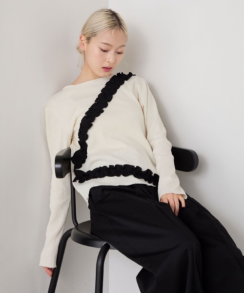 【forksy.】フリルデザインメローリブ長袖トップス