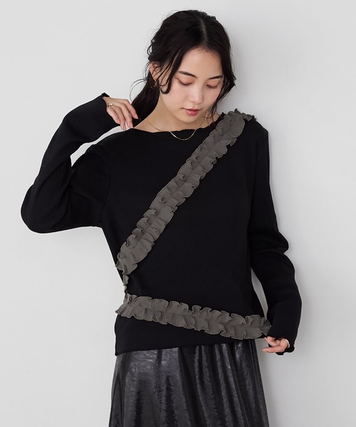 forksy.(フォルクシー)の「【forksy.】フリルデザインメローリブ長袖トップス(Tシャツ/カットソー・レディース・チャコールグレー/アイボリー/ブラック・FREE)」の4枚目の写真